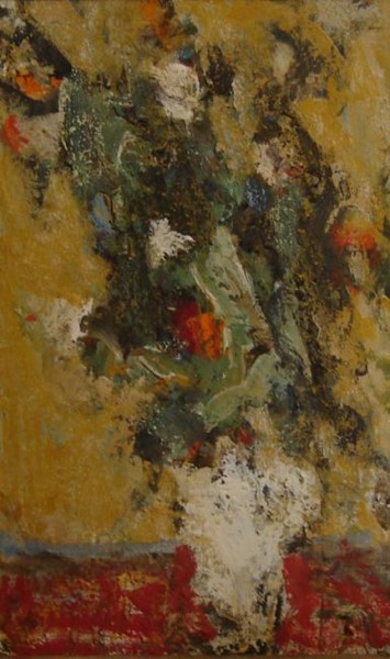 Painting titled "Flowers on the red…" by Stojan Pačov, Original Artwork, Oil
