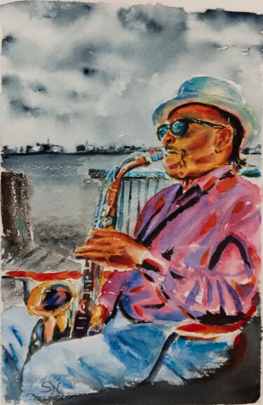 Schilderij getiteld "Saxophone player on…" door Stoyanka Nikolova, Origineel Kunstwerk, Aquarel