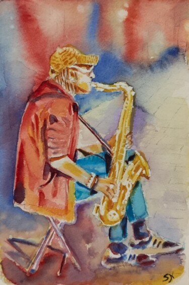 Pintura intitulada "Saxophone player on…" por Stoyanka Nikolova, Obras de arte originais, Aquarela