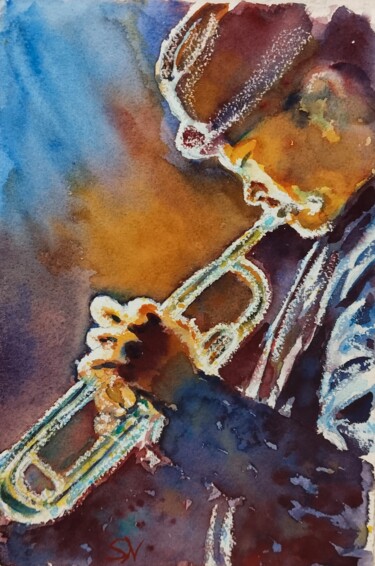 Pittura intitolato "Trompet player" da Stoyanka Nikolova, Opera d'arte originale, Acquarello