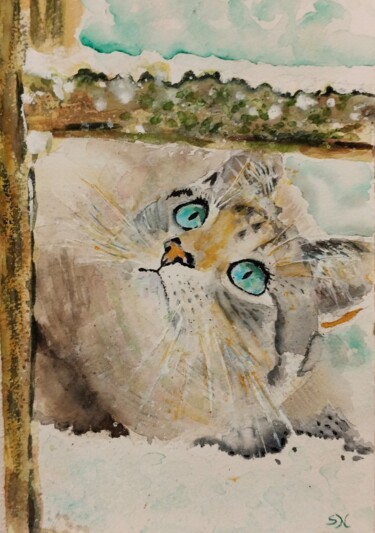 Pittura intitolato "Curious cat" da Stoyanka Nikolova, Opera d'arte originale, Acquarello