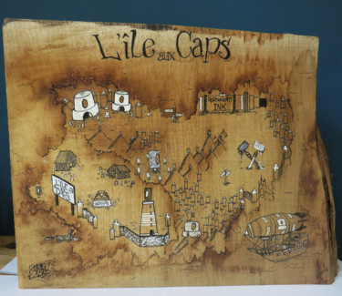 Peinture intitulée "L'île aux caps" par Stratoster, Œuvre d'art originale, Marqueur