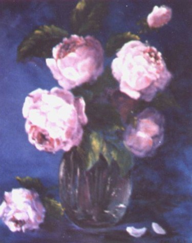 Peinture intitulée "roses sur fond bleu" par Géraldine Streichert, Œuvre d'art originale, Huile