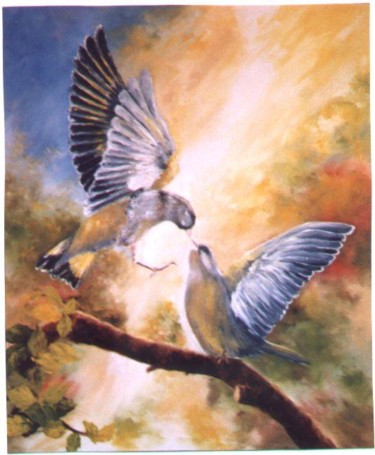 Peinture intitulée "amours d'oiseaux" par Géraldine Streichert, Œuvre d'art originale, Huile