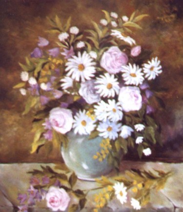 Peinture intitulée "roses et marguerites" par Géraldine Streichert, Œuvre d'art originale, Huile