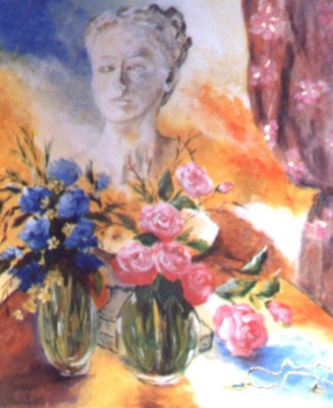 Peinture intitulée "fleurs devant un bu…" par Géraldine Streichert, Œuvre d'art originale, Huile