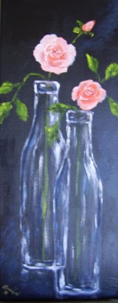 Peinture intitulée "bouteilles et roses" par Géraldine Streichert, Œuvre d'art originale, Huile