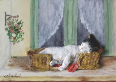 Painting titled "repos du chat" by Géraldine Streichert, Original Artwork, Oil