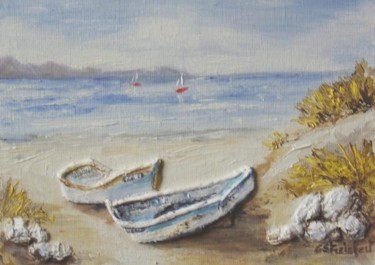 Peinture intitulée "barques blanches" par Géraldine Streichert, Œuvre d'art originale, Huile