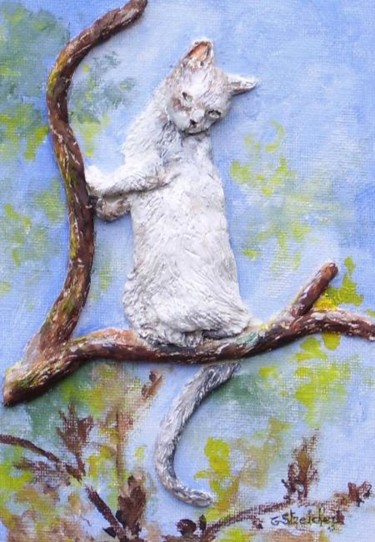 Peinture intitulée "chat dans l'arbre" par Géraldine Streichert, Œuvre d'art originale, Huile