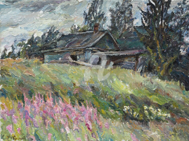 Malerei mit dem Titel "Village Kovshovo" von Leonid Stroganov, Original-Kunstwerk, Öl