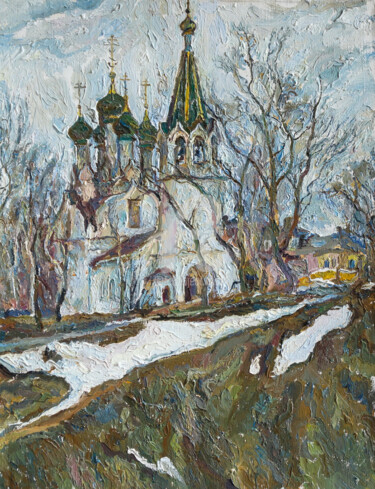 Painting titled "The last snow in Ni…" by Leonid Stroganov, Original Artwork, Oil