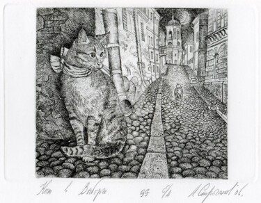 Druckgrafik mit dem Titel "Cat in Viborg" von Leonid Stroganov, Original-Kunstwerk