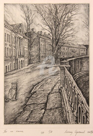 Prenten & gravures getiteld "Cat on the river. S…" door Leonid Stroganov, Origineel Kunstwerk, Anders