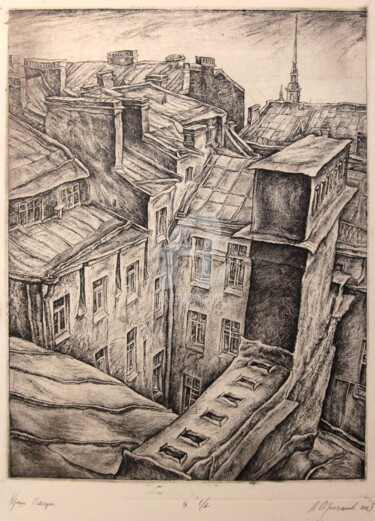 Printmaking titled "Roofs of St.Petersb…" by Leonid Stroganov, Original Artwork, Other