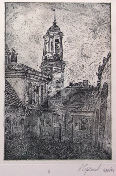 Druckgrafik mit dem Titel "Old Clock Tower" von Leonid Stroganov, Original-Kunstwerk, Radierung