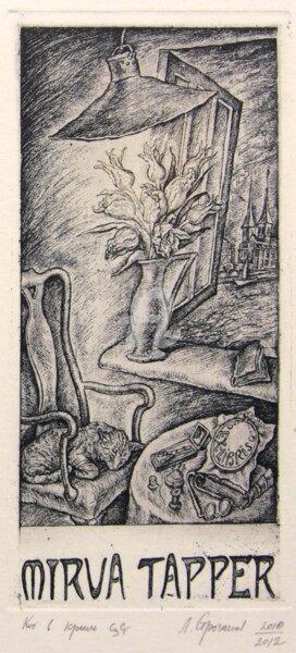 Incisioni, stampe intitolato "Cat in armchair" da Leonid Stroganov, Opera d'arte originale, Acquaforte