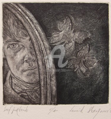 Prenten & gravures getiteld "Selfportrait" door Leonid Stroganov, Origineel Kunstwerk, Ets