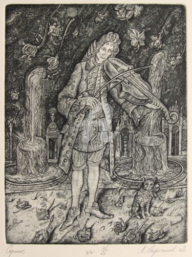 Gravures & estampes intitulée "The violinist" par Leonid Stroganov, Œuvre d'art originale, Eau-forte