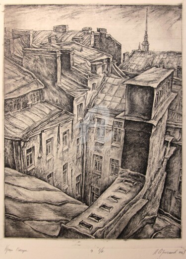 Druckgrafik mit dem Titel "Roofs of St.Petersb…" von Leonid Stroganov, Original-Kunstwerk, Radierung