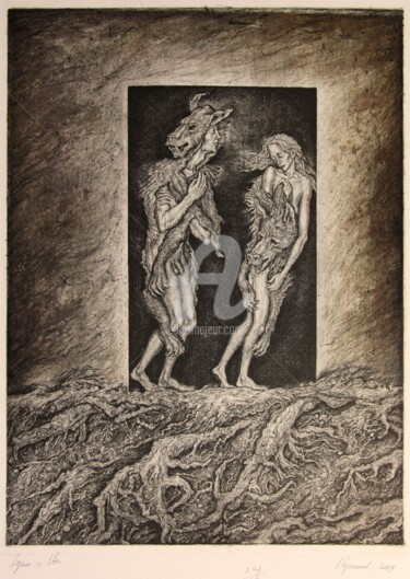 Gravures & estampes intitulée "Adam and Eve" par Leonid Stroganov, Œuvre d'art originale, Eau-forte