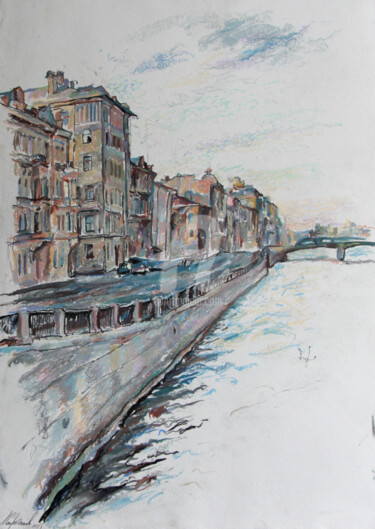 Dessin intitulée "City Embankment. Pe…" par Leonid Stroganov, Œuvre d'art originale, Pastel