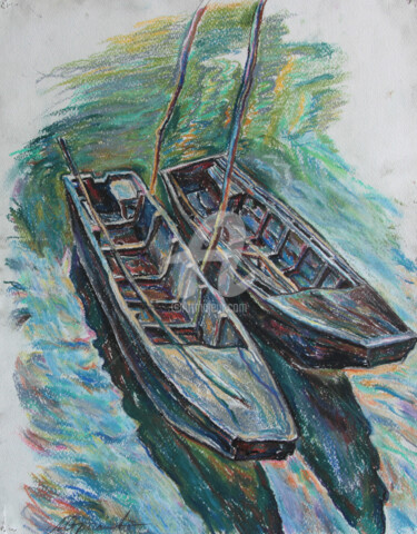 Rysunek zatytułowany „Boats. Summer” autorstwa Leonid Stroganov, Oryginalna praca, Pastel