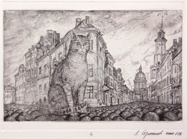 Druckgrafik mit dem Titel "Cat in St.Peterburg" von Leonid Stroganov, Original-Kunstwerk, Radierung