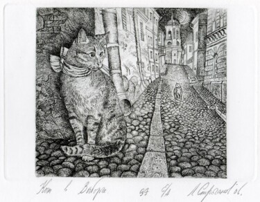 Druckgrafik mit dem Titel "Cat in Viborg" von Leonid Stroganov, Original-Kunstwerk, Radierung