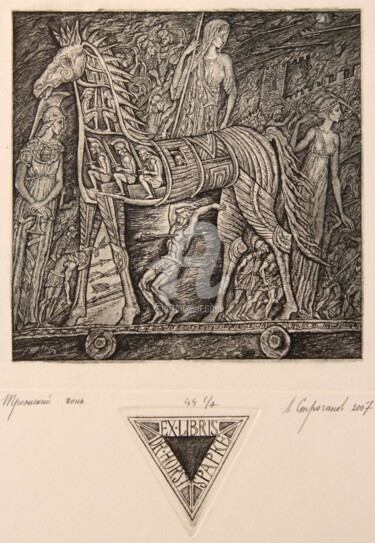 Printmaking titled "The horse of Troy" by Leonid Stroganov, Original Artwork, Etching