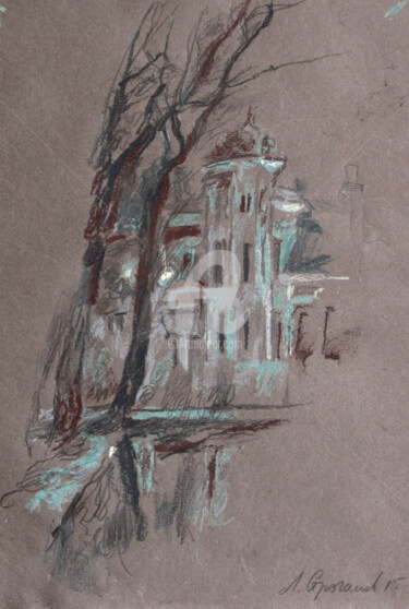 Zeichnungen mit dem Titel "Night city. Old hou…" von Leonid Stroganov, Original-Kunstwerk, Pastell