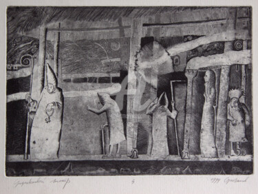 Prenten & gravures getiteld "Medieval theater" door Leonid Stroganov, Origineel Kunstwerk, Ets