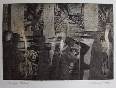 Gravures & estampes intitulée "Monks. Motion" par Leonid Stroganov, Œuvre d'art originale, Eau-forte