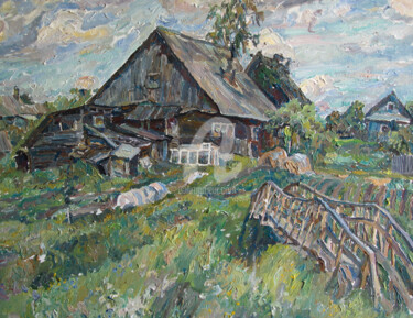 Malerei mit dem Titel "Summer Village" von Leonid Stroganov, Original-Kunstwerk, Öl