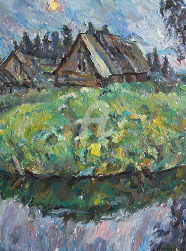 Schilderij getiteld "Bathhouse on the ri…" door Leonid Stroganov, Origineel Kunstwerk, Olie