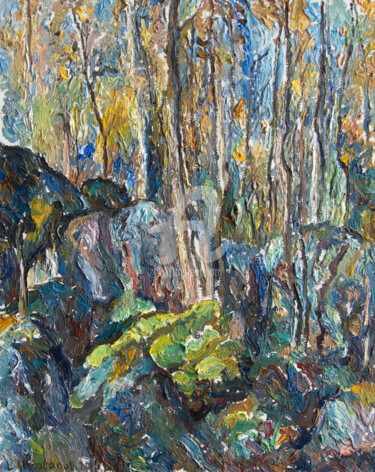 Painting titled "Stones in forest" by Leonid Stroganov, Original Artwork, Oil