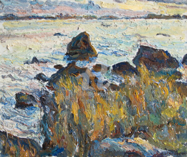 Painting titled "Stones on the Bay" by Leonid Stroganov, Original Artwork, Oil