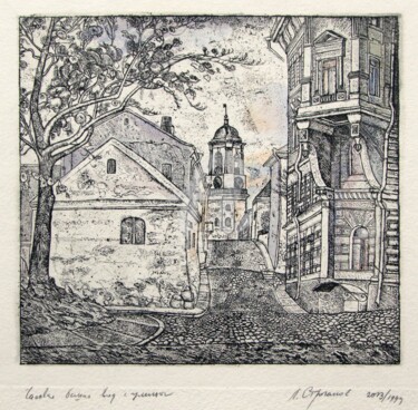 Druckgrafik mit dem Titel "Clock Tower, view f…" von Leonid Stroganov, Original-Kunstwerk, Radierung