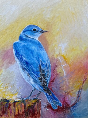 Painting titled "L'oiseau bleu" by Styvens Chalot, Original Artwork, Oil Mounted on Wood Stretcher frame