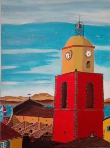 Malerei mit dem Titel "Eglise St Tropez" von Francois Suard, Original-Kunstwerk, Acryl