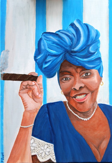 Peinture intitulée "Mamie Blue Cubaine" par Francois Suard, Œuvre d'art originale, Acrylique