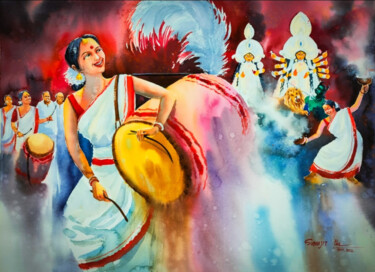 Painting titled "Rhythm of Dhak.. Du…" by Subhajit Paul, Original Artwork, Watercolor
