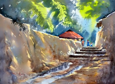Pintura intitulada "Towards school VII" por Subhajit Paul, Obras de arte originais, Aquarela