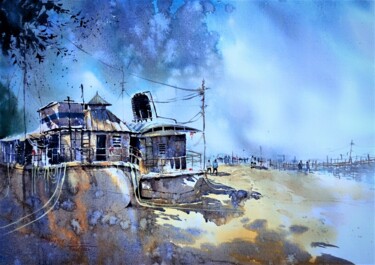 Painting titled "The Ferryghat 3" by Subhajit Paul, Original Artwork, Watercolor