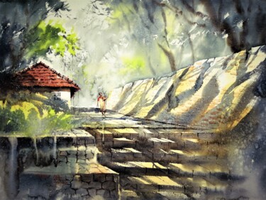 Painting titled "the Shady stairs" by Subhajit Paul, Original Artwork, Watercolor