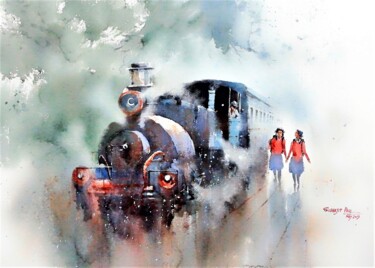 Painting titled "towards school IX" by Subhajit Paul, Original Artwork, Watercolor