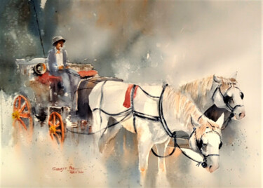 Malerei mit dem Titel "The Coachman" von Subhajit Paul, Original-Kunstwerk, Aquarell