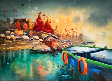 Peinture intitulée "Varanasi ghat 7" par Subhajit Paul, Œuvre d'art originale, Aquarelle