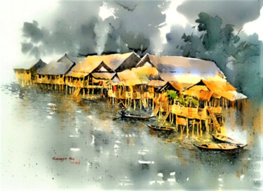 Painting titled "The Floating village" by Subhajit Paul, Original Artwork, Watercolor