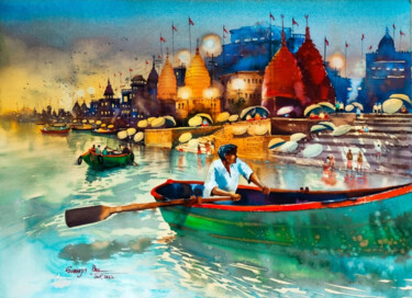 Painting titled "Varanasi ghat 10" by Subhajit Paul, Original Artwork, Watercolor